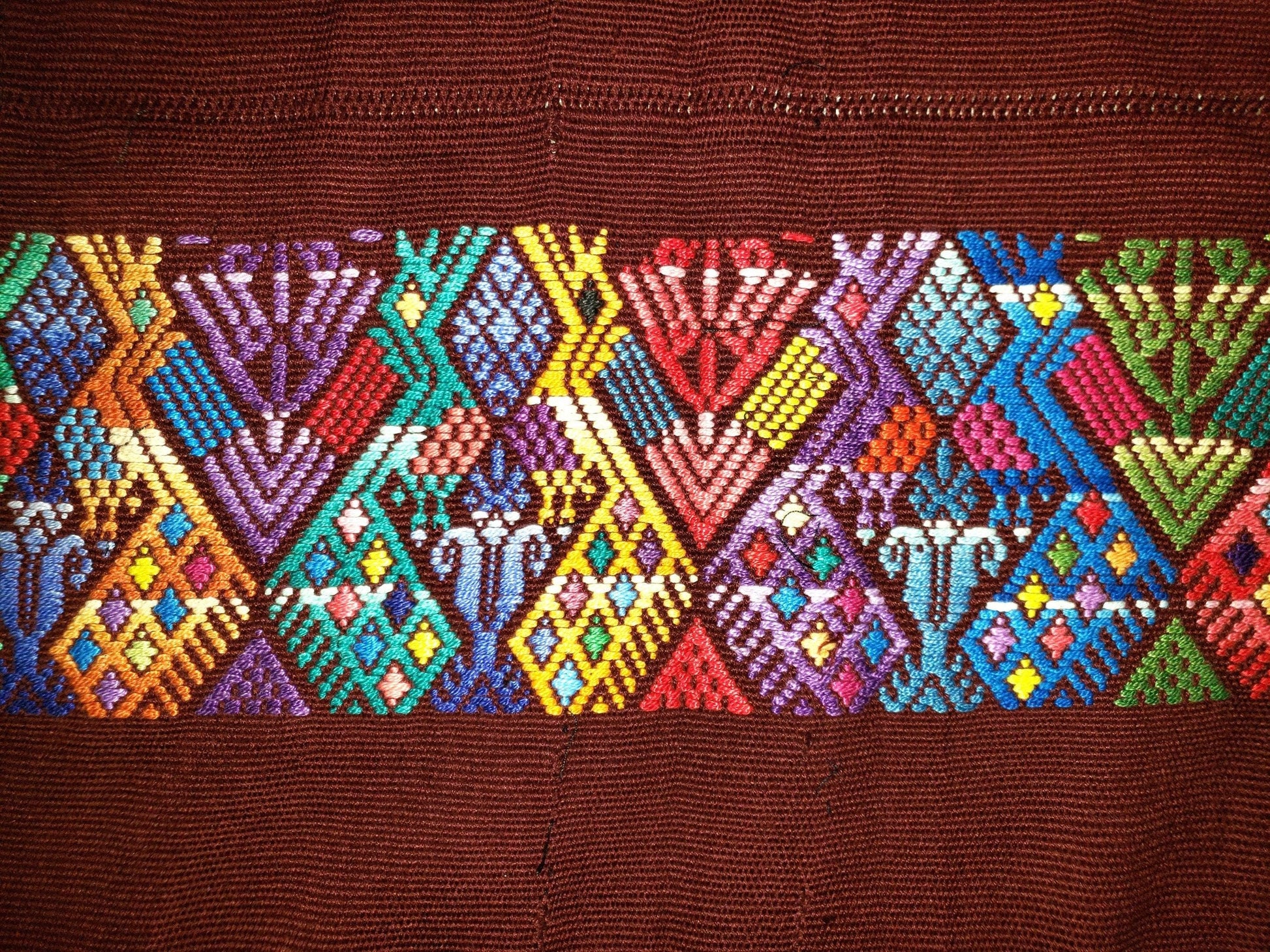 Vintage burgundy unique Guatemala handmade weaved -San Martín Chile verde- Horses motives cotton huipil
