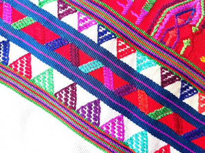 Vintage Guatemalan Unique Red Handmade Weaved Cotton -NEBAJ Huipil- Birds Horses and Geometric Patterns