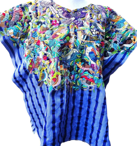 Vintage Santiago Atitlan Huipil Embroidery BIRDS FAMILY Cotton TAPESTRY And Blouse