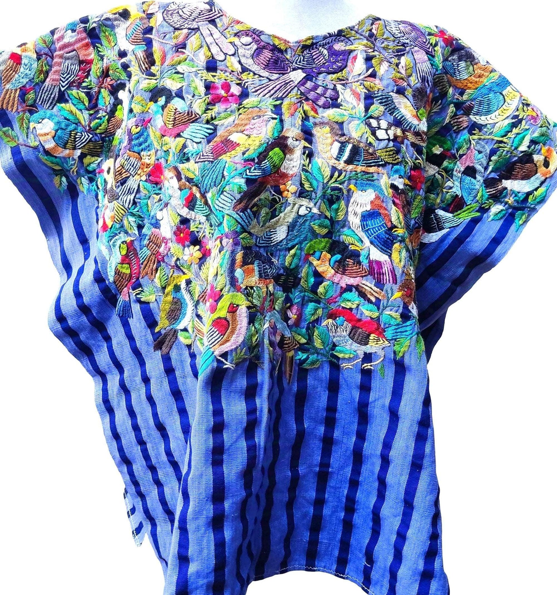 Vintage Santiago Atitlan Huipil Embroidery BIRDS FAMILY Cotton TAPESTRY And Blouse