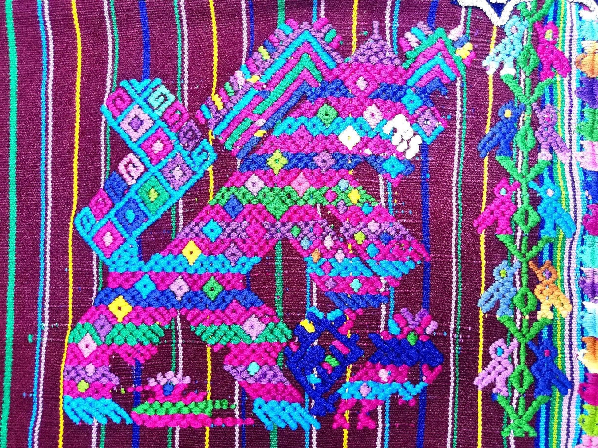 Vintage Guatemalan Unique Handmade Weaved Cotton BURGUNDY -Mayan HORSES and Ducks -Santo Domingo XENACOJ huipil-