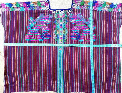 Vintage Guatemalan Unique Handmade Weaved Cotton BURGUNDY -Mayan HORSES and Ducks -Santo Domingo XENACOJ huipil-