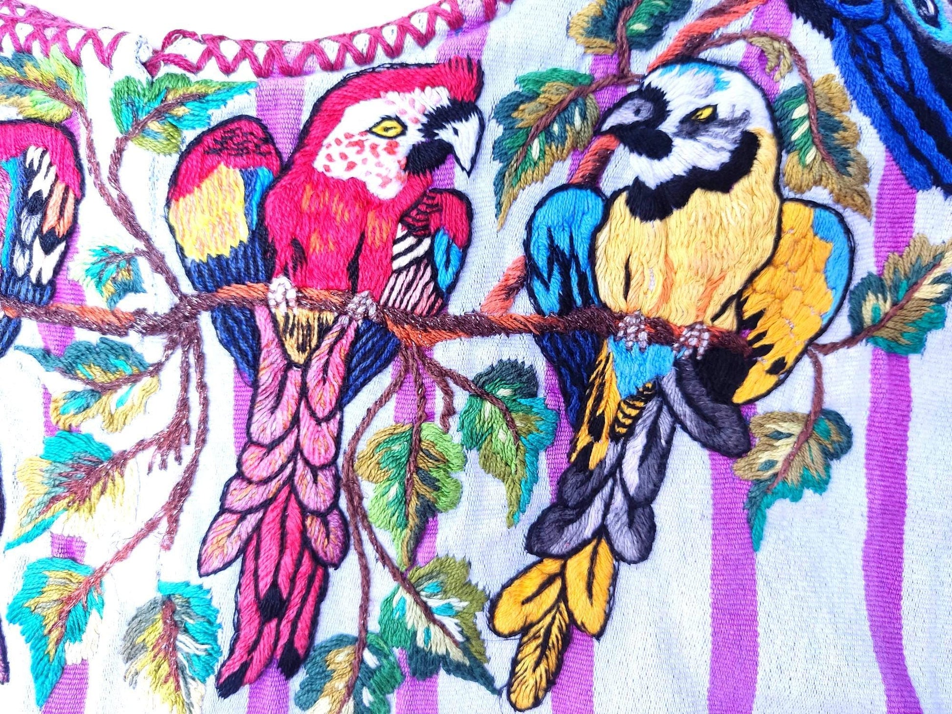 Vintage Handmade EMBROIDERED Parrots SANTIAGO Atitlan Huipil Cotton Wall Decor Tapestry