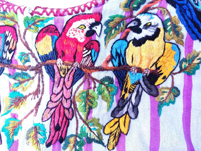 Vintage Handmade EMBROIDERED Parrots SANTIAGO Atitlan Huipil Cotton Wall Decor Tapestry