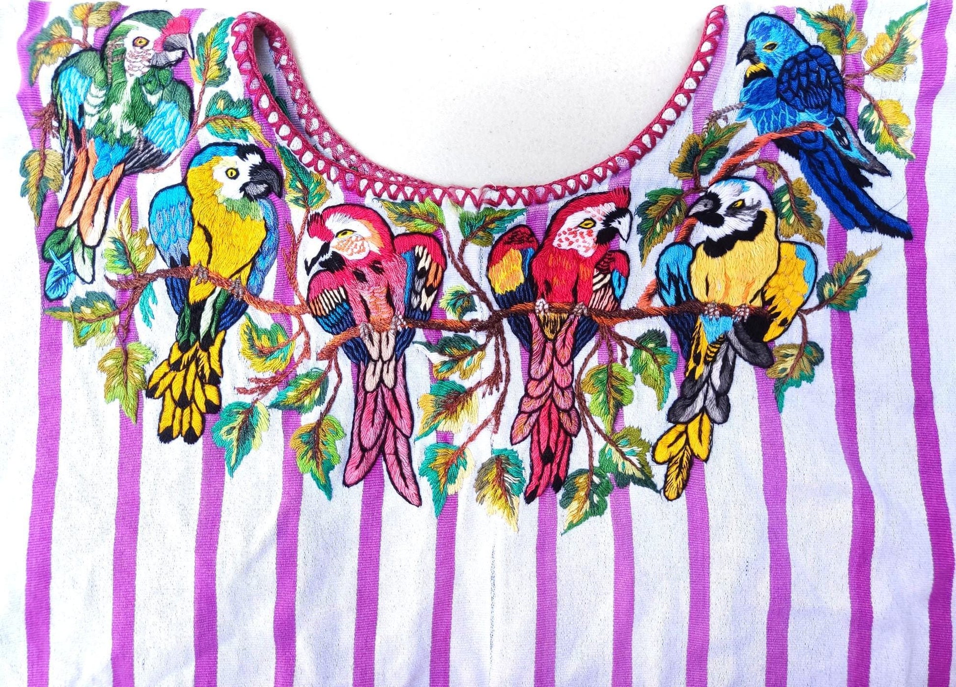 Vintage Handmade EMBROIDERED Parrots SANTIAGO Atitlan Huipil Cotton Wall Decor Tapestry
