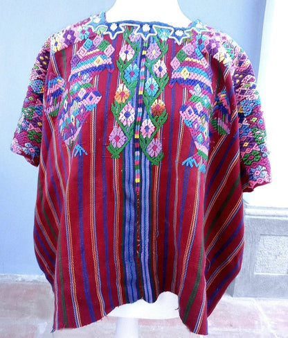 Vintage Guatemalan Unique Handmade Weaved Cotton BURGUNDY -ROOSTERS and Birds -Santo Domingo XENACOJ huipil-
