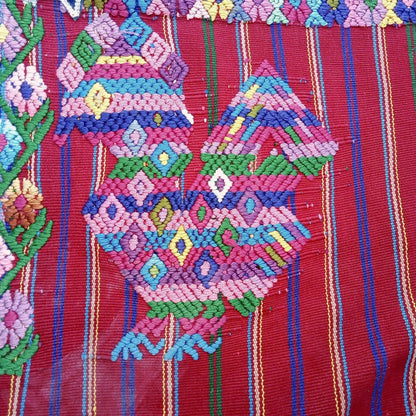 Vintage Guatemalan Unique Handmade Weaved Cotton BURGUNDY -ROOSTERS and Birds -Santo Domingo XENACOJ huipil-