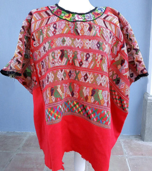 Vintage salmon unique Guatemala handmade weaved Rombus Birds motives cotton huipil -San Juan Cotzal-