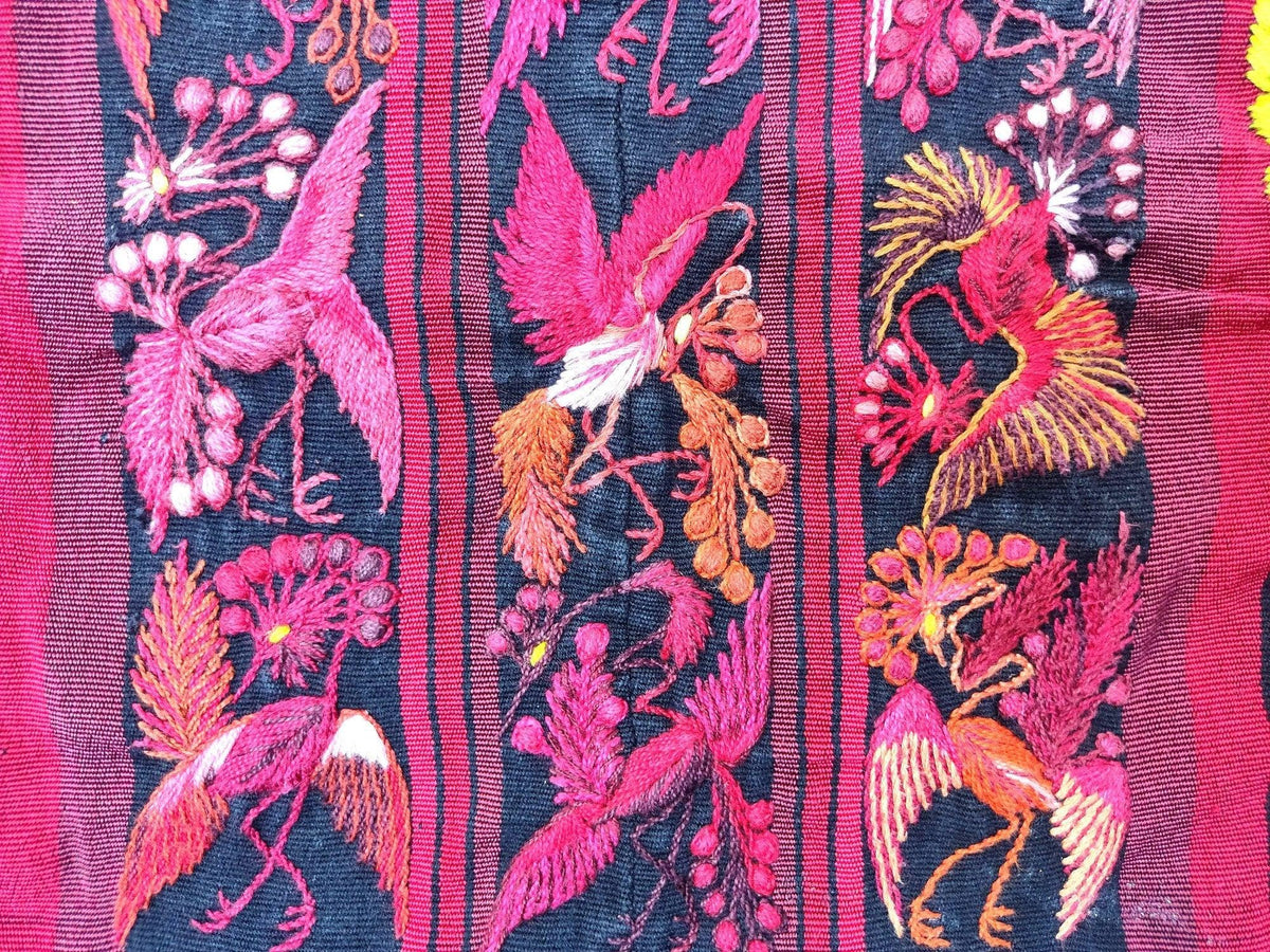 Vintage handmade embroidered Santiago Atitlan huipil cotton wall decor tapestry -Floral and birds-