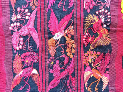 Vintage handmade embroidered Santiago Atitlan huipil cotton wall decor tapestry -Floral and birds-