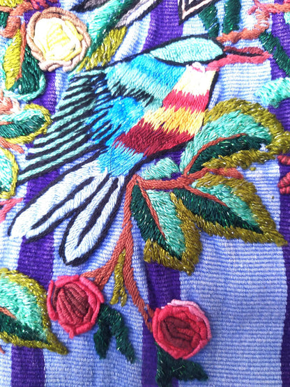 Handmade Blue EMBROIDERED Guatemalan Santiago Atitlan COTTON WALL Huipil "Mayan Bird Family" Tapestry