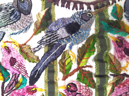 Vintage handmade embroidered Santiago ATITLAN huipil cotton wall decor tapestry -PARROT family-