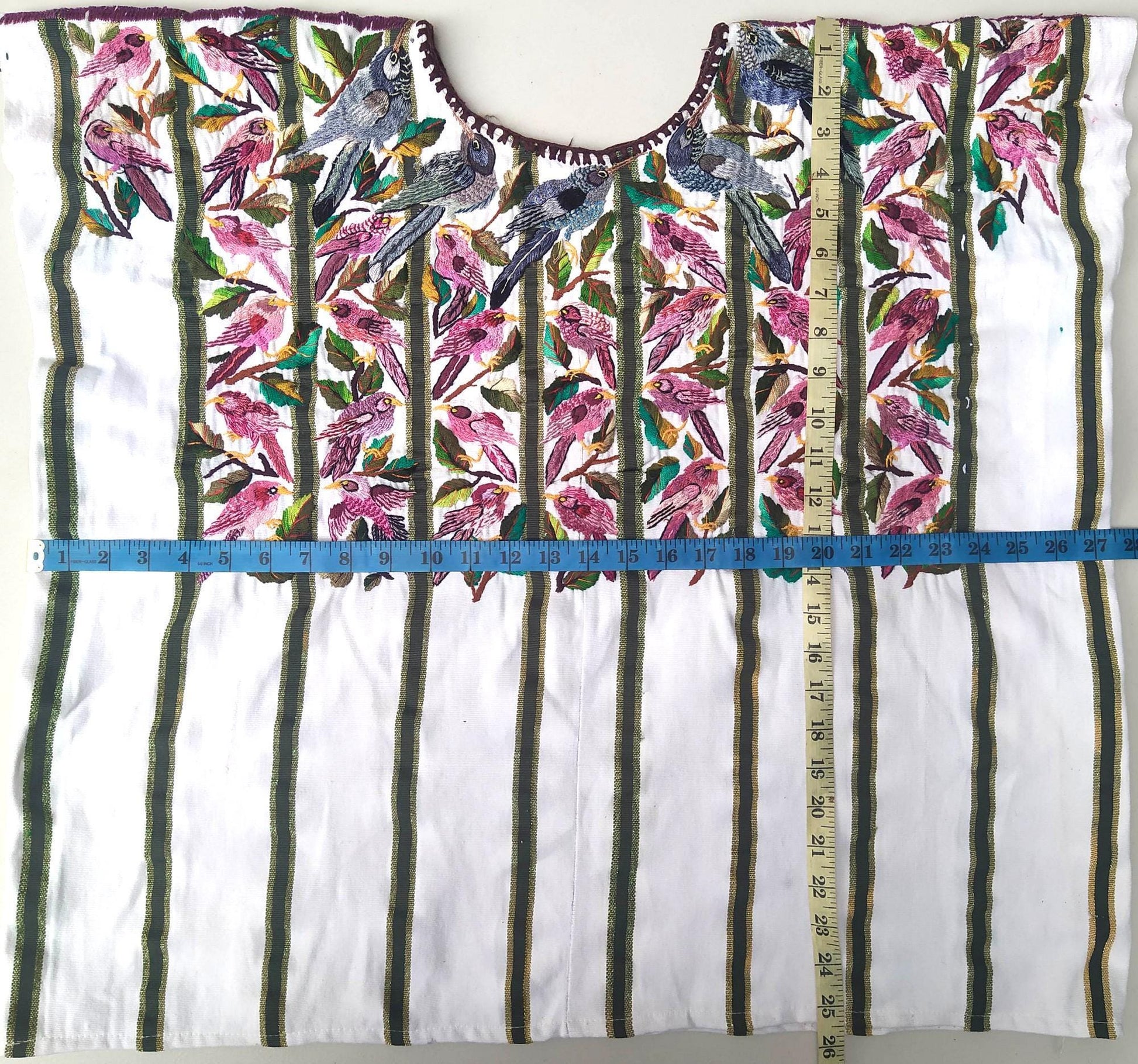 Vintage handmade embroidered Santiago ATITLAN huipil cotton wall decor tapestry -PARROT family-