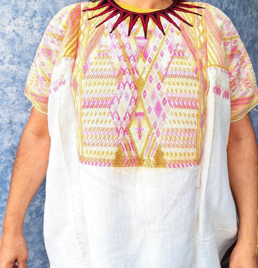 Vintage Guatemalan unique handmade Ivory weaved cotton huipil - Mayan rombus motives-