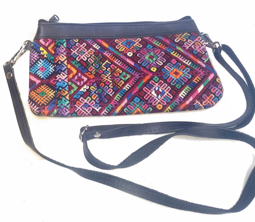 Aesthetic Woman Guatemalan Leather Huipil CROSSBODY Wristlet CLUTCH PURSE - 100% Cotton Lining Purse