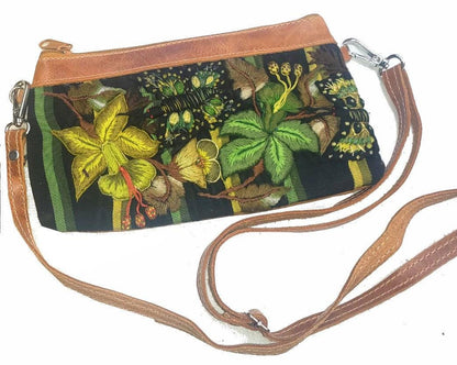 Aesthetic Woman Guatemalan Leather Huipil CROSSBODY Wristlet CLUTCH PURSE - 100% Cotton Lining Purse