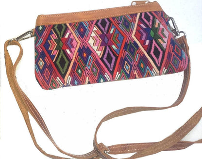 Aesthetic Woman Guatemalan Leather Huipil CROSSBODY Wristlet CLUTCH PURSE - 100% Cotton Lining Purse