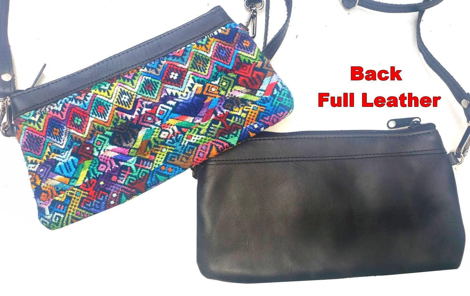 Aesthetic Woman Guatemalan Leather Huipil CROSSBODY Wristlet CLUTCH PURSE - 100% Cotton Lining Purse
