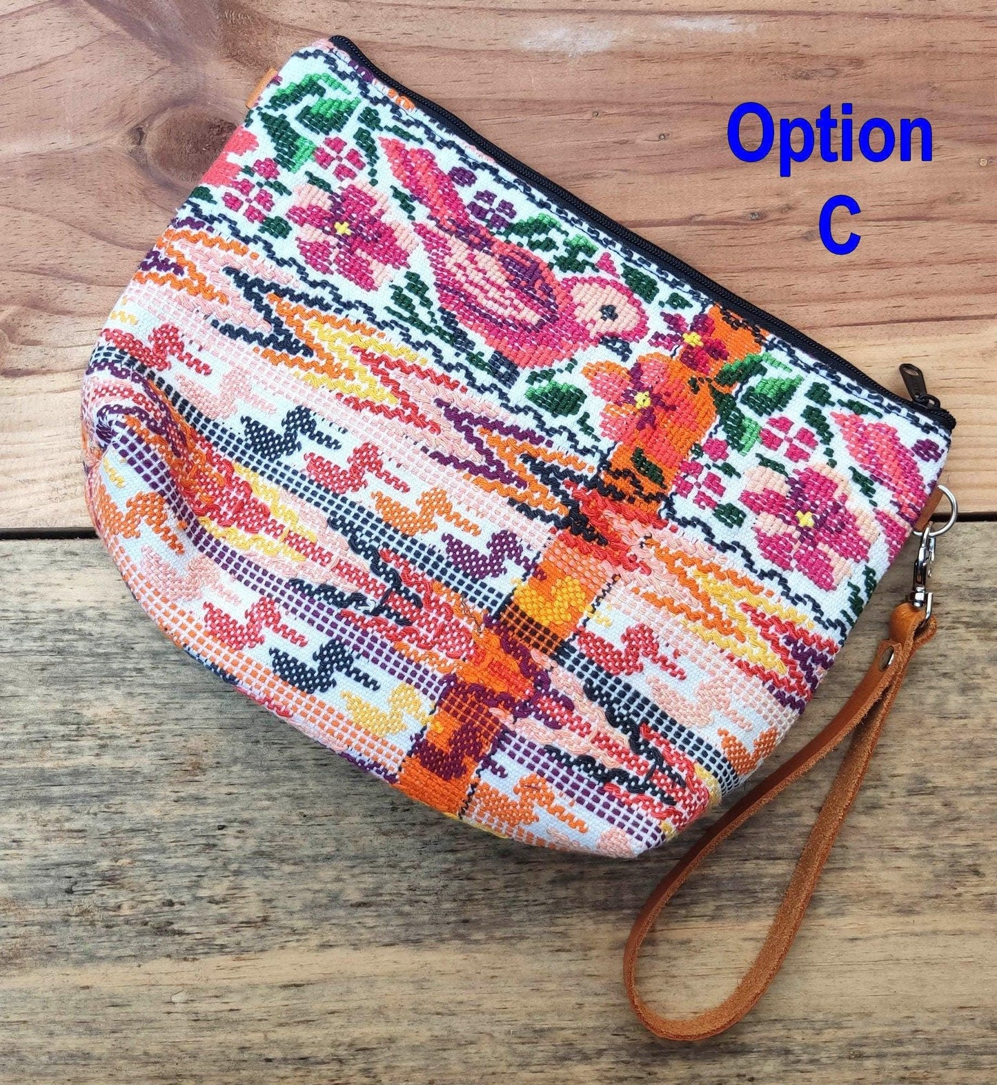 Guatemalan upcycled HUIPIL double sided COSMETIC PURSE leather wristlet