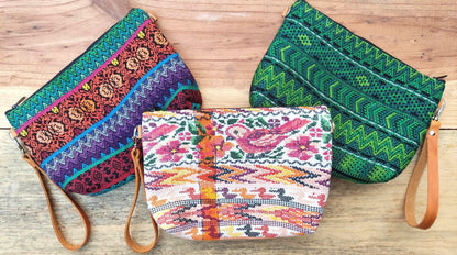 Guatemalan upcycled HUIPIL double sided COSMETIC PURSE leather wristlet