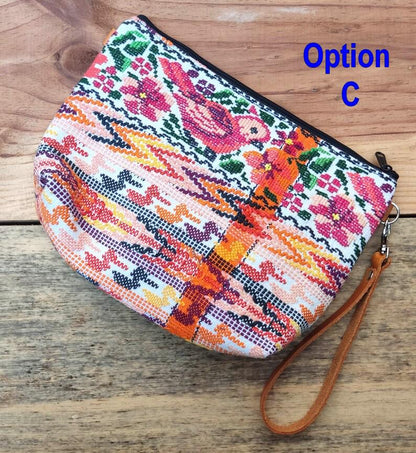 Guatemalan upcycled HUIPIL double sided COSMETIC PURSE leather wristlet