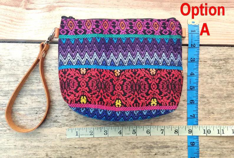 Guatemalan upcycled HUIPIL double sided COSMETIC PURSE leather wristlet