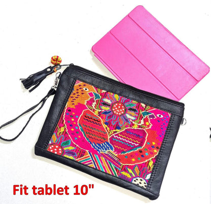 Aesthetic Woman Guatemalan Leather Huipil CROSSBODY Wristlet CLUTCH PURSE - 100% Cotton Lining Purse