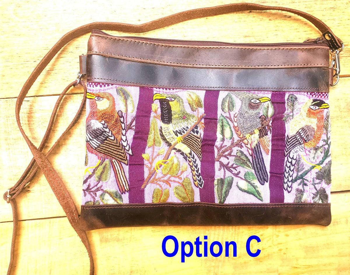 Aesthetic Woman Guatemalan Leather Huipil CROSSBODY Wristlet CLUTCH PURSE - 100% Cotton Lining Purse