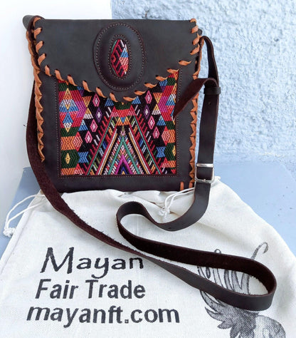 Aesthetic Woman Guatemalan Leather Huipil CROSSBODY Wristlet CLUTCH PURSE - 100% Cotton Lining Purse