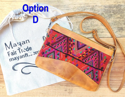 Aesthetic Woman Guatemalan Leather Huipil CROSSBODY Wristlet CLUTCH PURSE - 100% Cotton Lining Purse