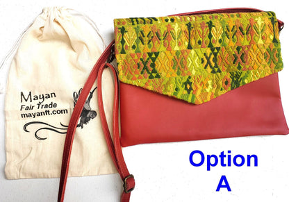 Aesthetic Woman Guatemalan Leather Huipil CROSSBODY Wristlet CLUTCH ENVELOPE - 100% Cotton Lining Purse