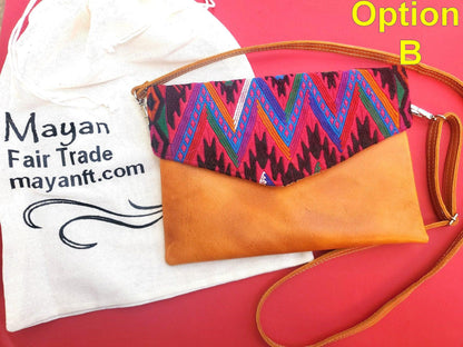 Aesthetic Woman Guatemalan Leather Huipil CROSSBODY Wristlet CLUTCH ENVELOPE - 100% Cotton Lining Purse