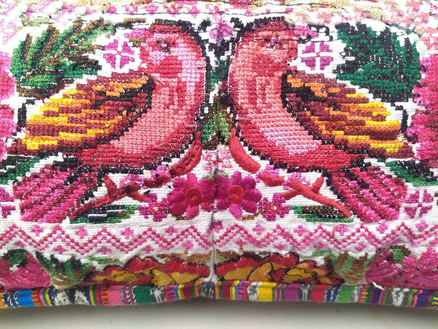 Guatemalan upcycled huipil pillow case cushion cover 19x19 inches -Butterfly, birds and floral