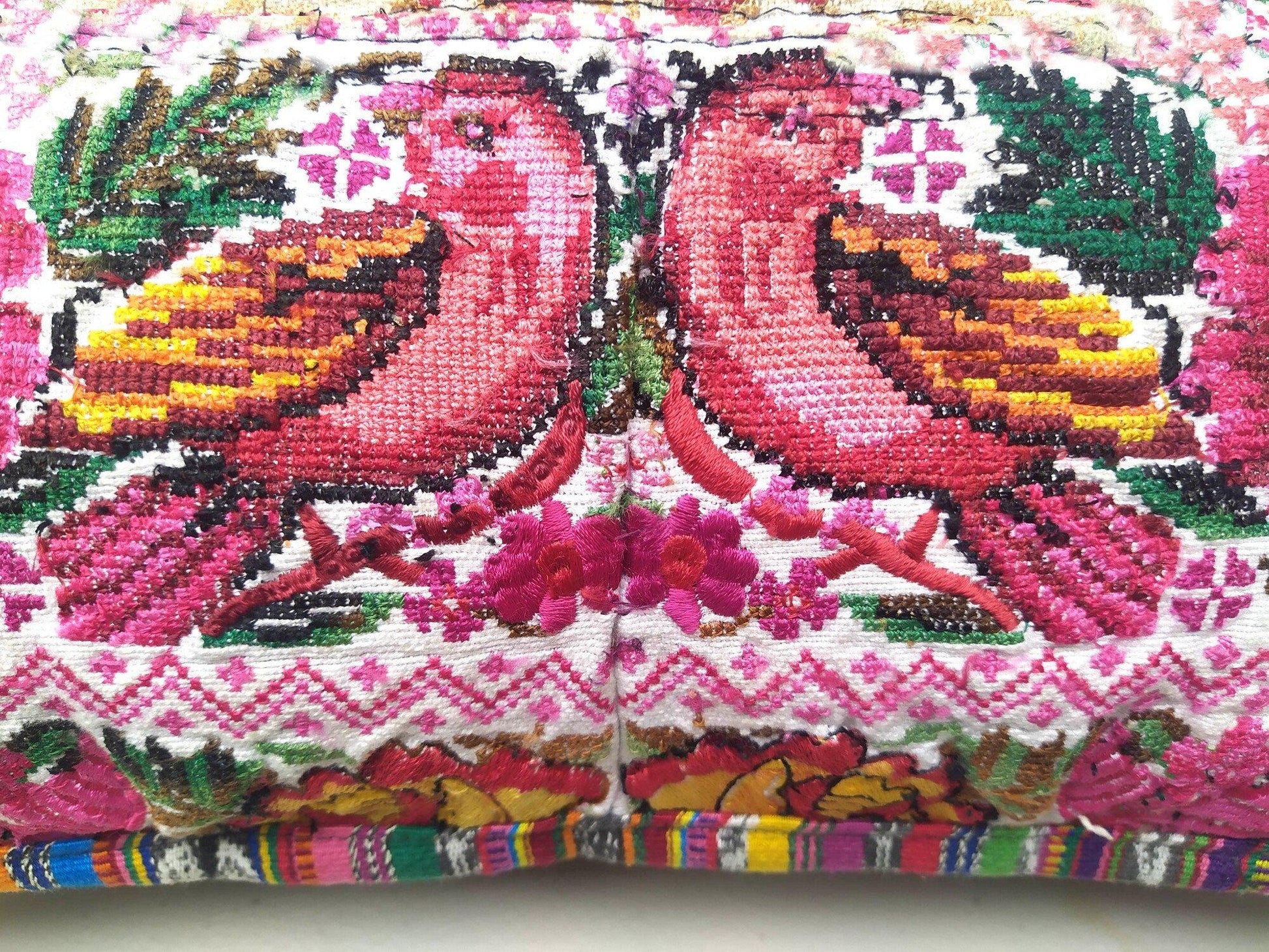 Guatemalan upcycled huipil pillow case cushion cover 19x19 inches -Butterfly, birds and floral