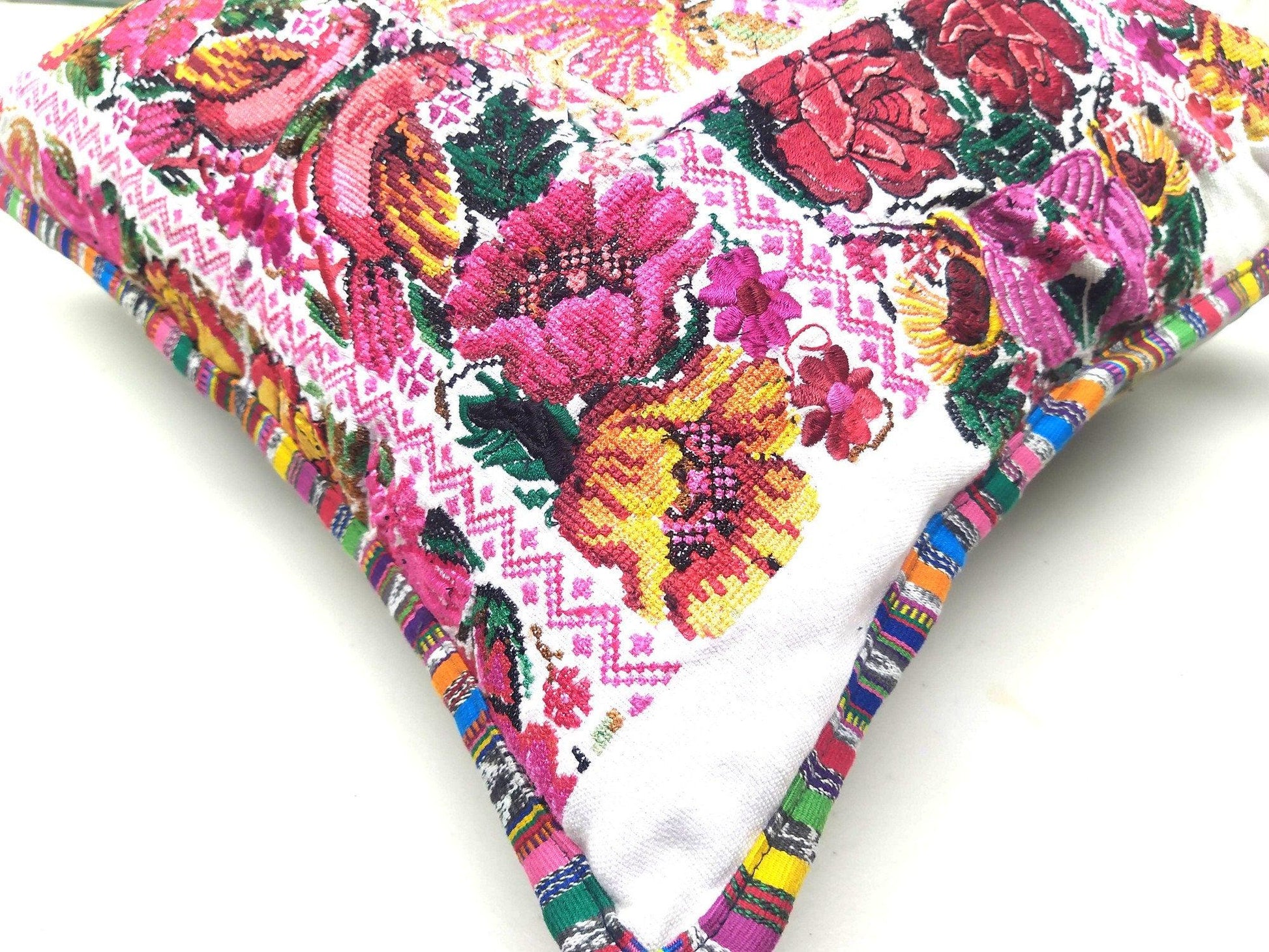 Guatemalan upcycled huipil pillow case cushion cover 19x19 inches -Butterfly, birds and floral