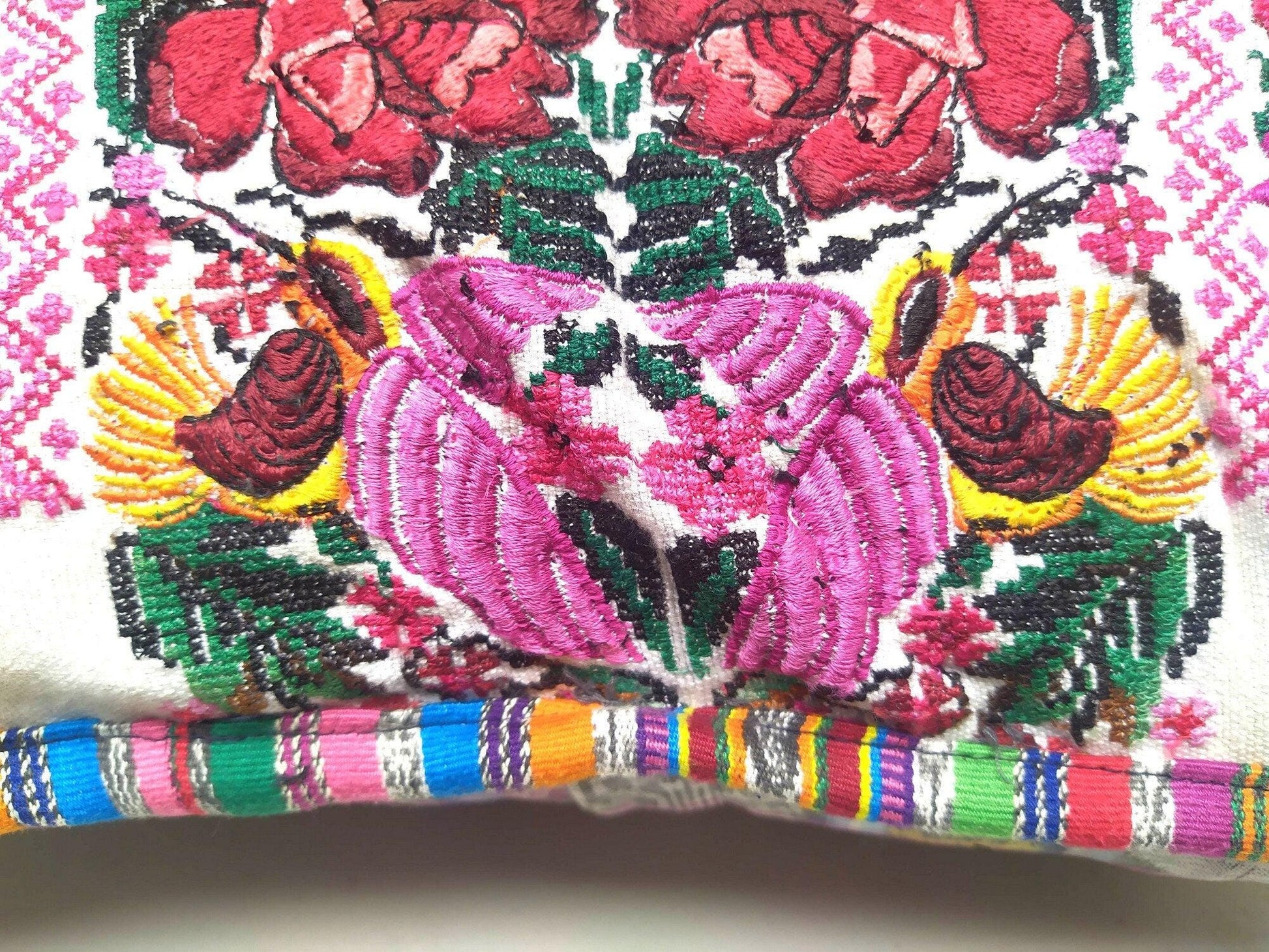 Guatemalan upcycled huipil pillow case cushion cover 19x19 inches -Butterfly, birds and floral
