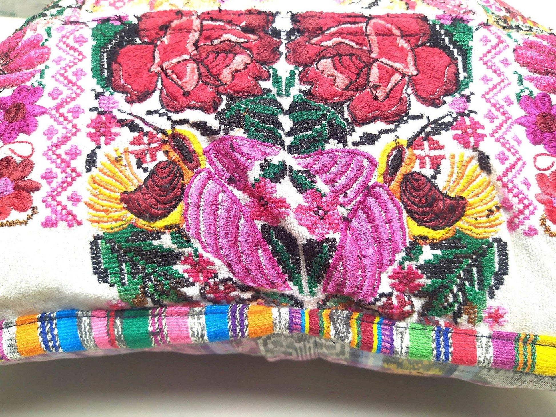 Guatemalan upcycled huipil pillow case cushion cover 19x19 inches -Butterfly, birds and floral