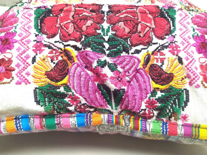 Guatemalan upcycled huipil pillow case cushion cover 19x19 inches -Butterfly, birds and floral