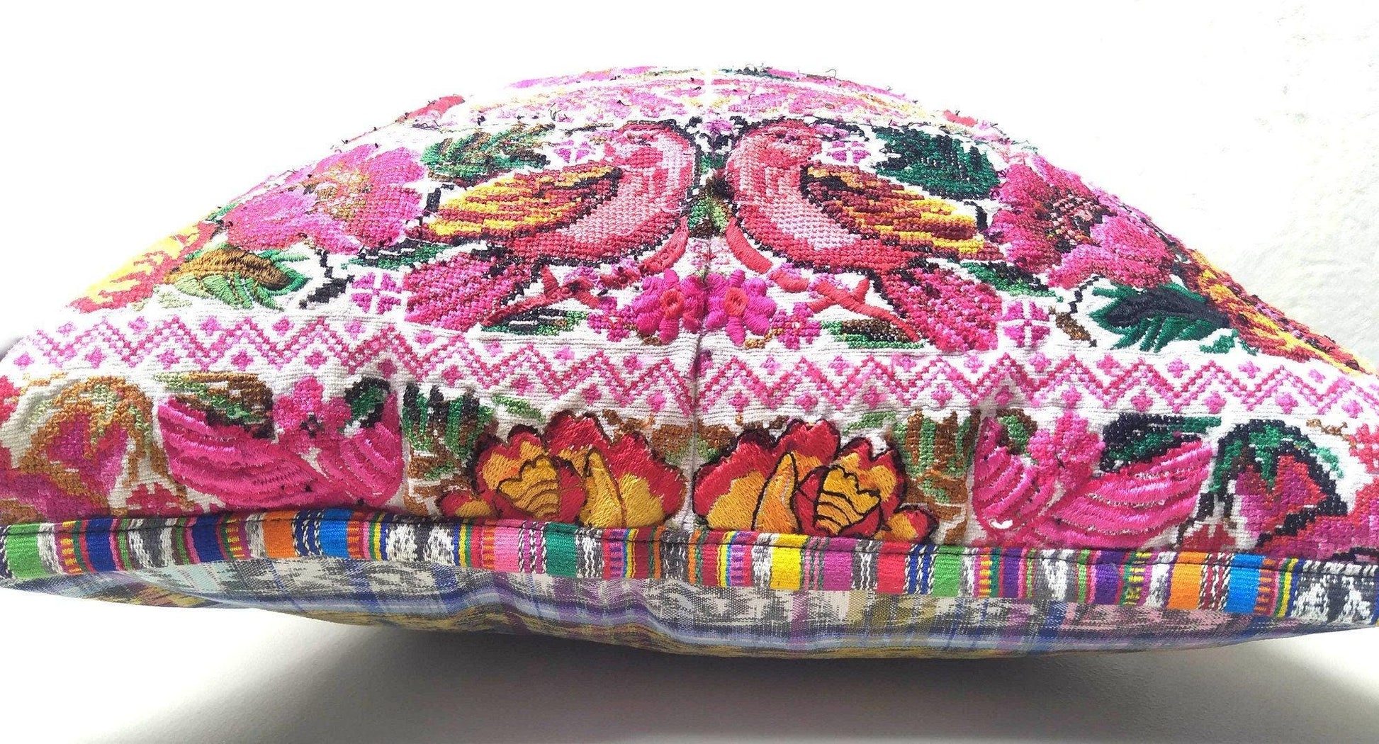 Guatemalan upcycled huipil pillow case cushion cover 19x19 inches -Butterfly, birds and floral