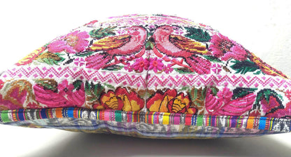 Guatemalan upcycled huipil pillow case cushion cover 19x19 inches -Butterfly, birds and floral