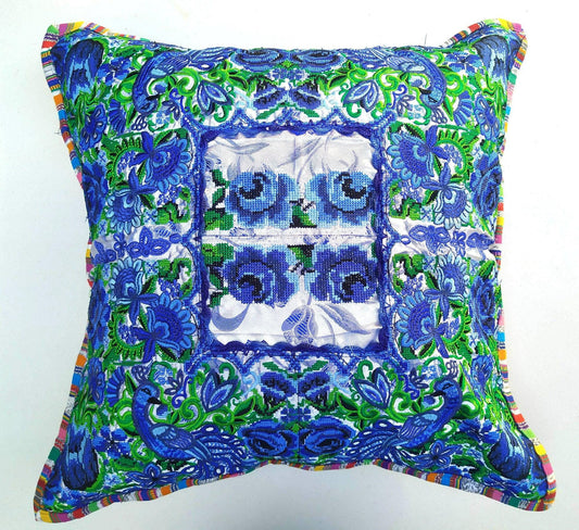 Guatemalan upcycled huipil pillow case cushion cover 19x19 inches -Peacocks and floral