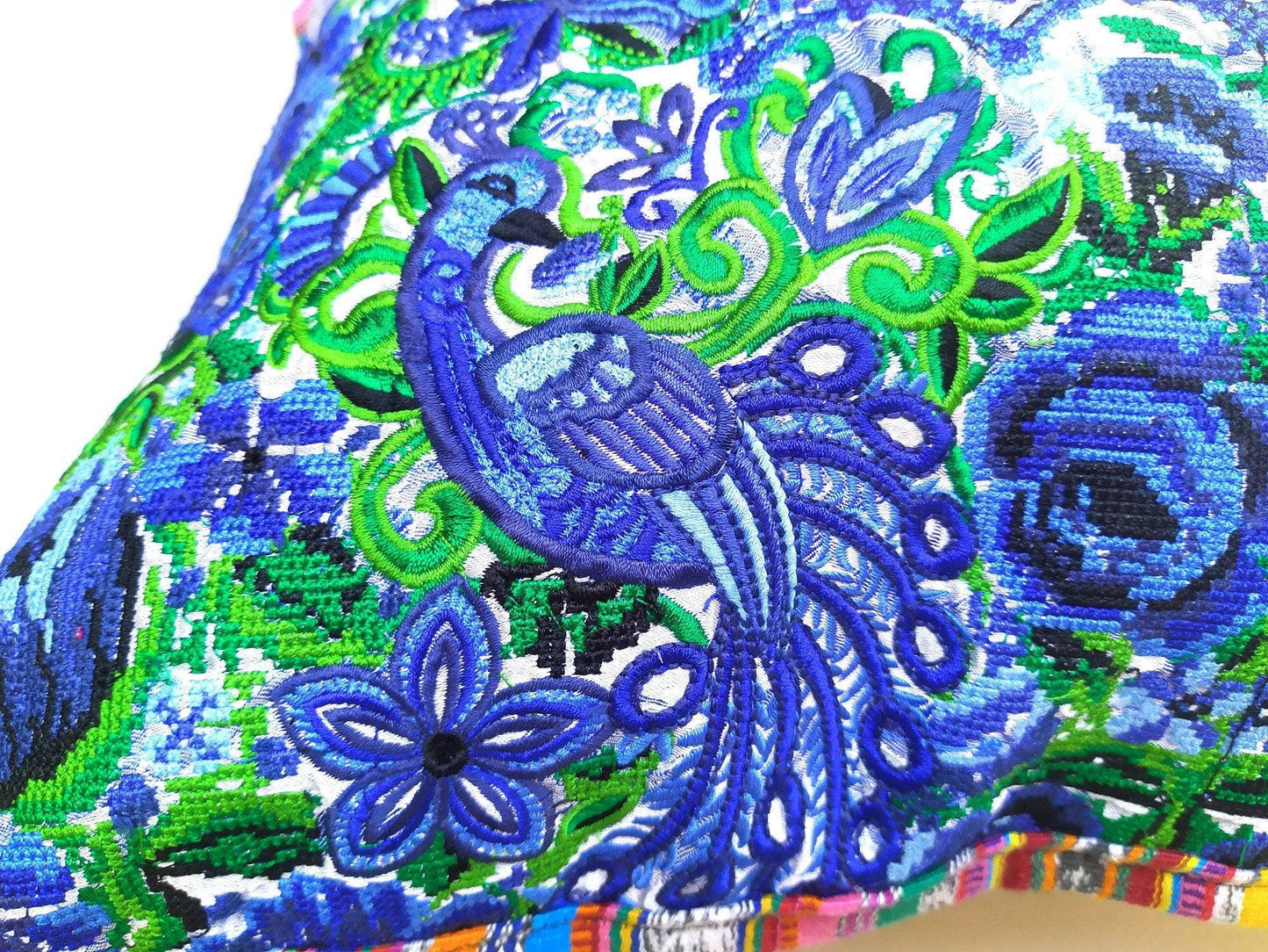 Guatemalan upcycled huipil pillow case cushion cover 19x19 inches -Peacocks and floral