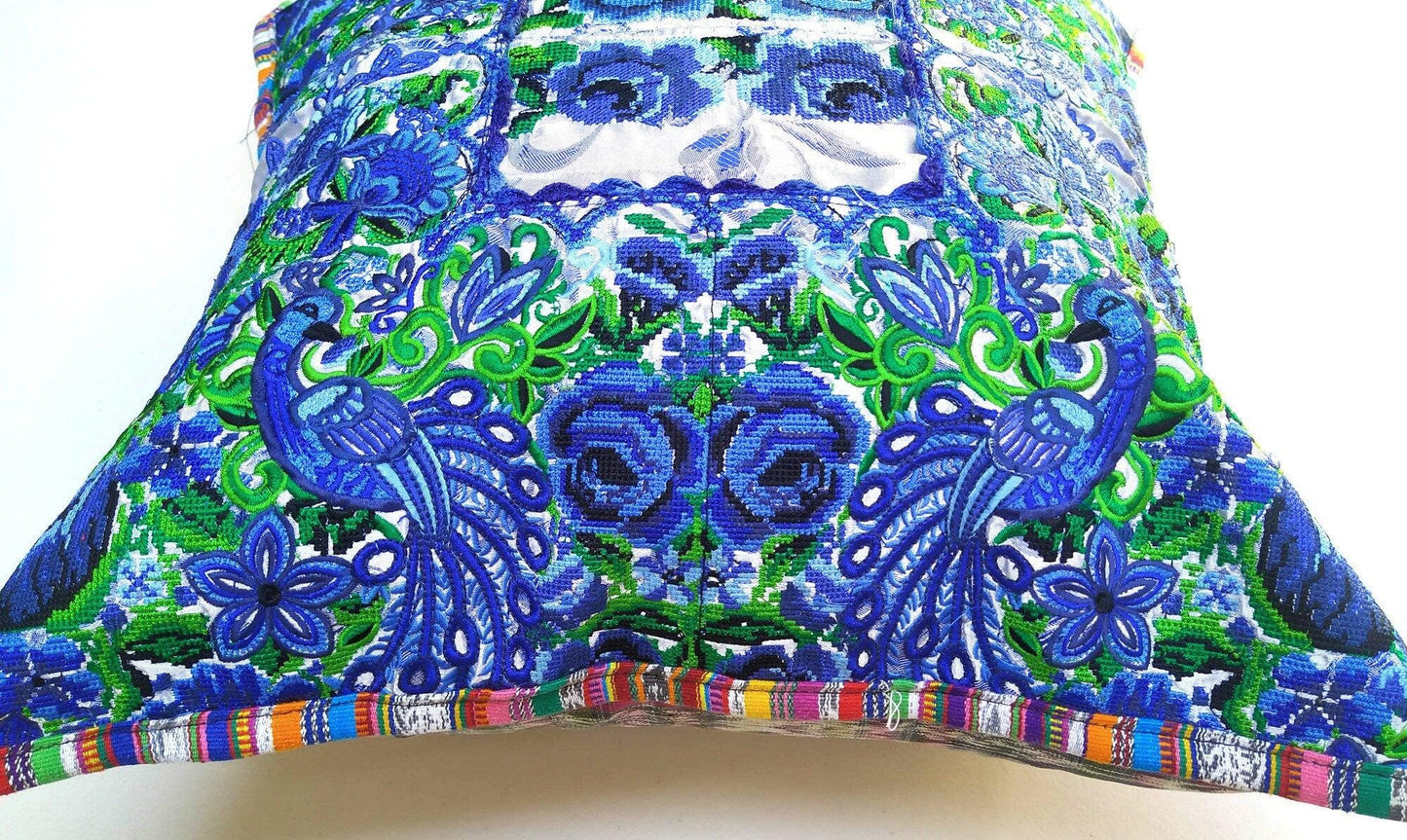 Guatemalan upcycled huipil pillow case cushion cover 19x19 inches -Peacocks and floral