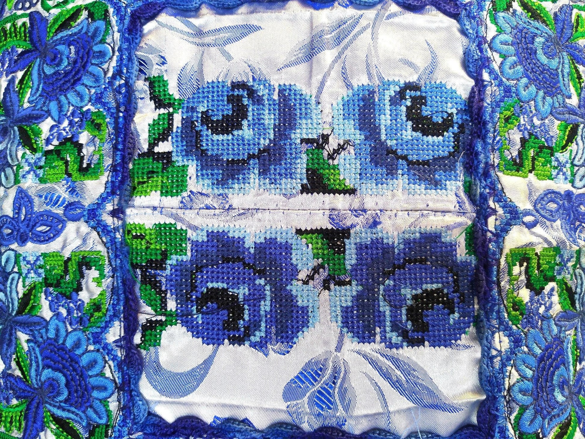 Guatemalan upcycled huipil pillow case cushion cover 19x19 inches -Peacocks and floral