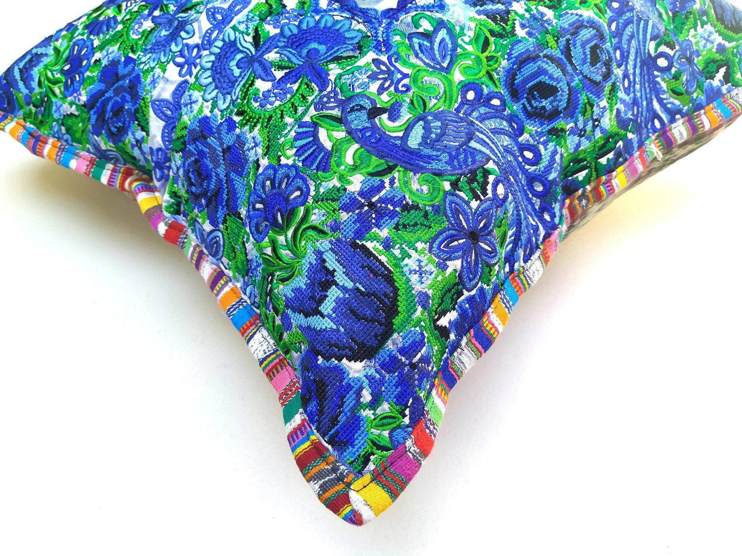 Guatemalan upcycled huipil pillow case cushion cover 19x19 inches -Peacocks and floral