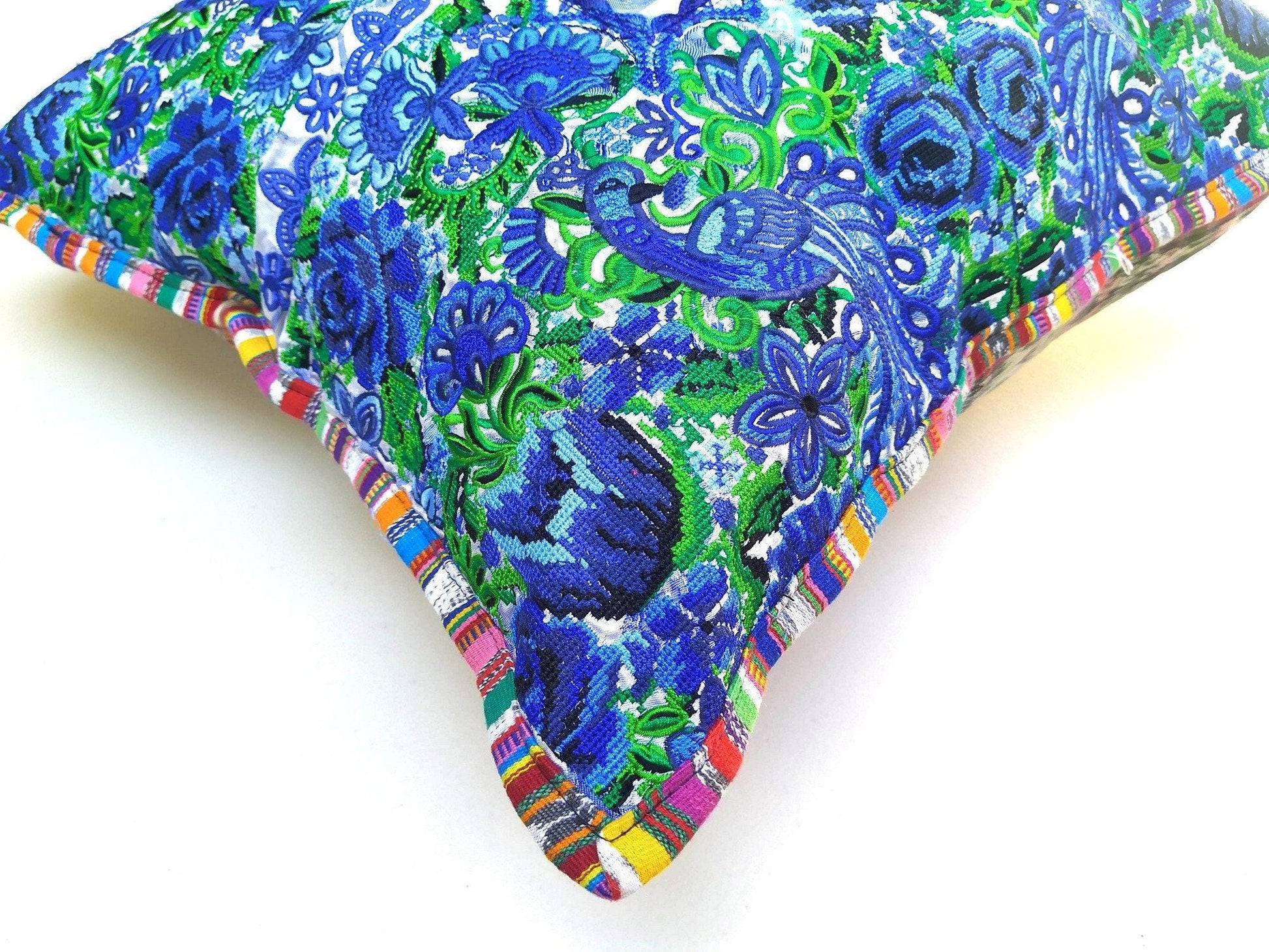 Guatemalan upcycled huipil pillow case cushion cover 19x19 inches -Peacocks and floral