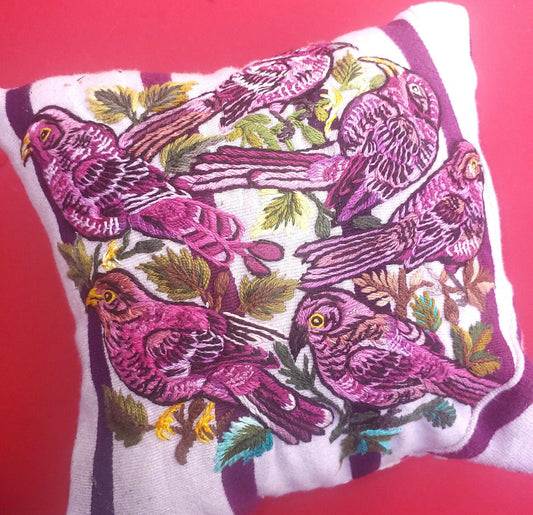MINI Guatemala Hand Embroidery -Bird family- Pillow Cushion 8x8