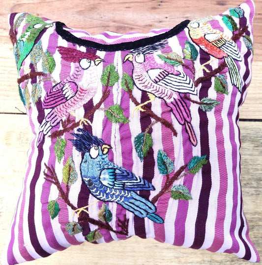 Tropical COCKATOO Birds EMBROIDERY Cushion PILLOW 14x14 - Bird Lovers Gifts Guatemalan Santiago Atitlan Pillow