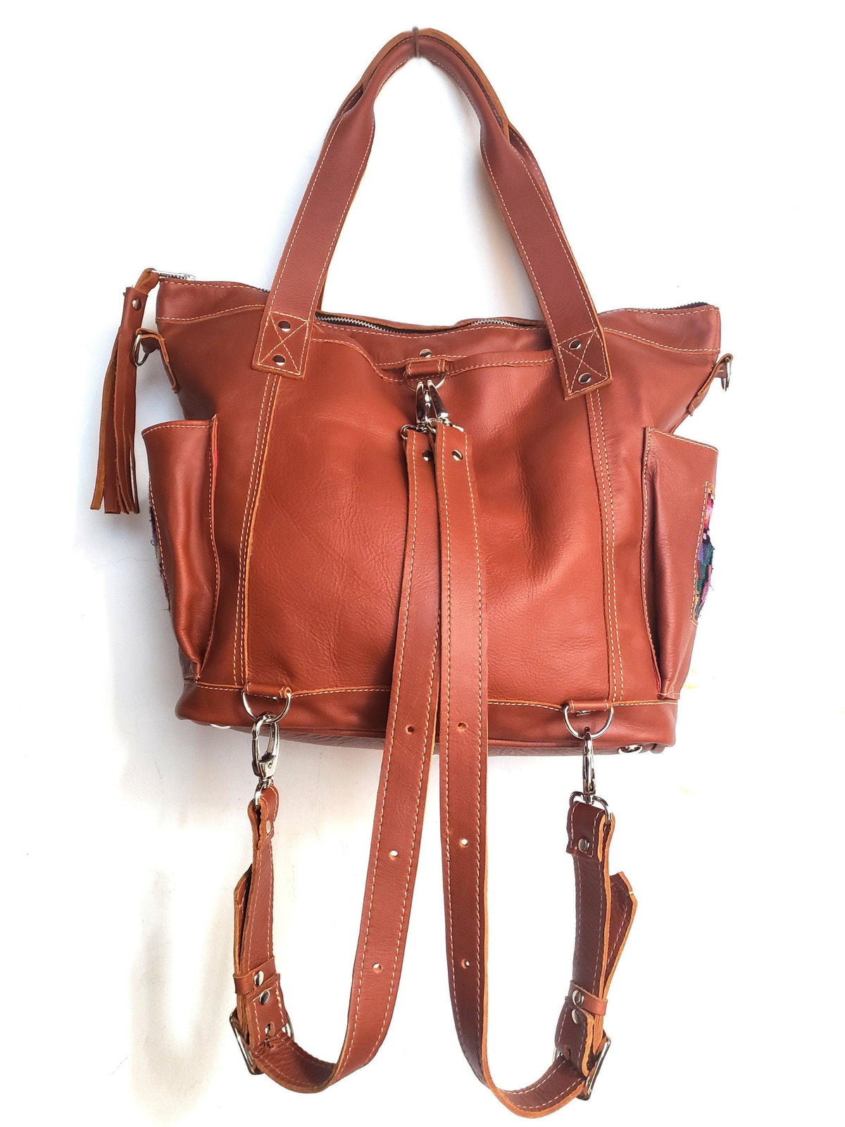 Custom Huipil Pattern Tan Genuine LEATHER CONVERTIBLE BACKPACK Bag - Aesthetic Full Grain Leather Handles cross body And Handbags