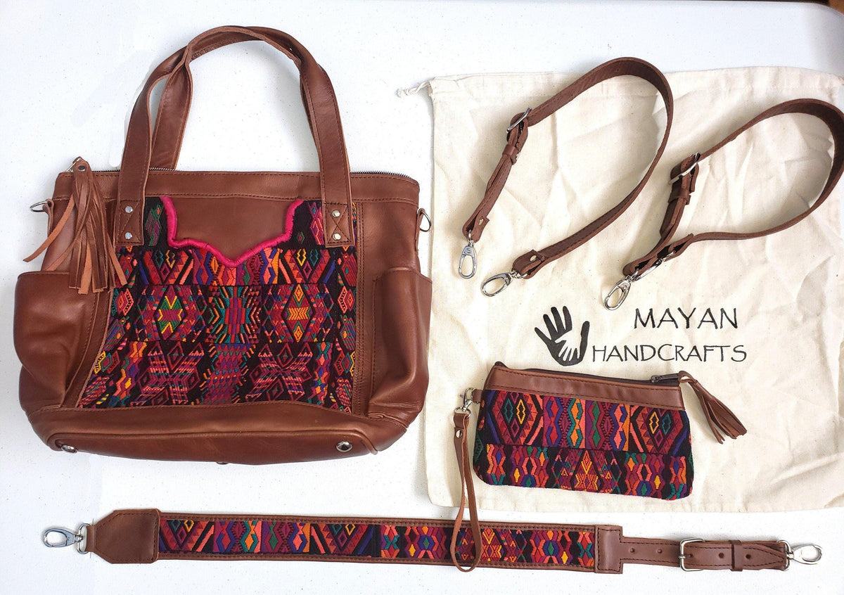 Custom Huipil Pattern Brown Genuine LEATHER CONVERTIBLE BACKPACK Bag - Aesthetic Full Grain Leather Handles cross body And Handbags